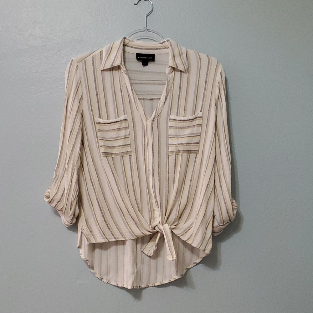 Chic Beige Striped Button-Down Shirt - image 1